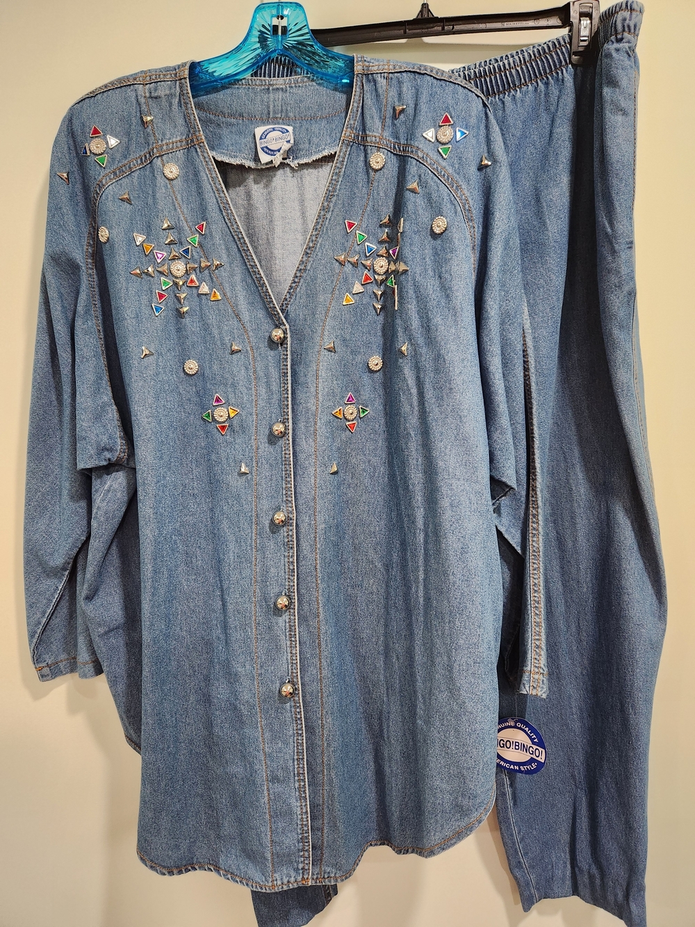 Vintage Nwt Embellished Light Blue Denim Jeans Jacket Set - Women